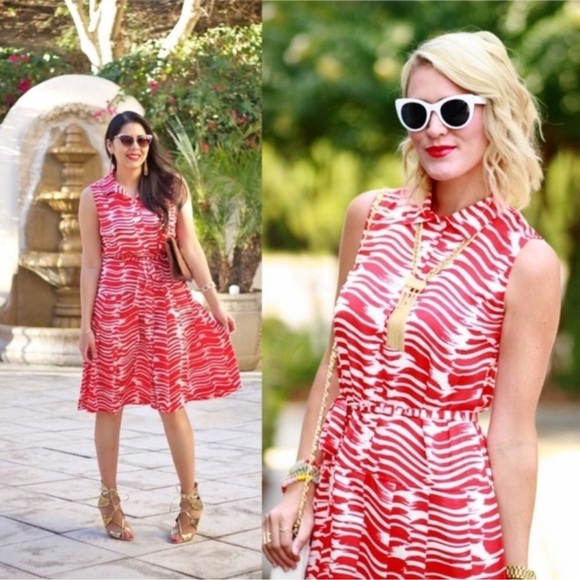 New Cabi Brushstroke Pleated Midi Dress Red White Modern #281 Size Small - Picture 1 of 16